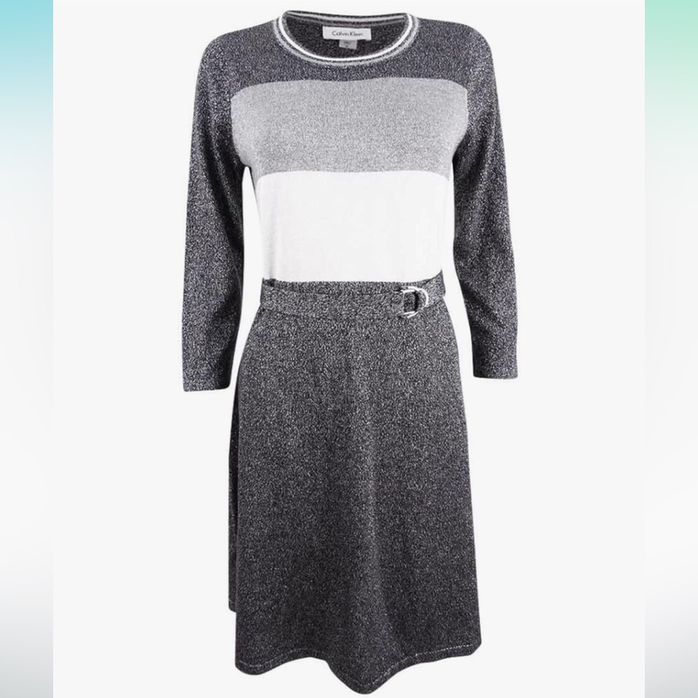 Calvin Klein Sparkle Metallic Sweater Belted Gray Dress, Sz L - Picture 2 of 5